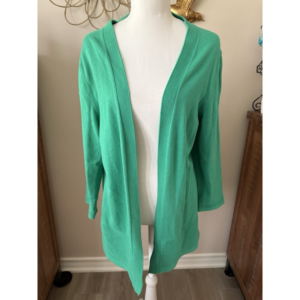 Talbots 100% Cotton Open Front Cardigan Sweater Green Medium Long‎ Sleeve